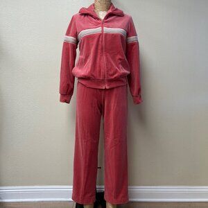 Vintage 70s 80s Velour ILGWU 2 Piece Pink Track Jacket Pant Set Small Medium